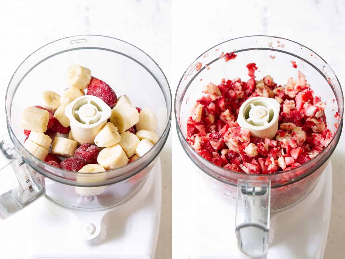 Collage of bananas and strawberries in food processor.