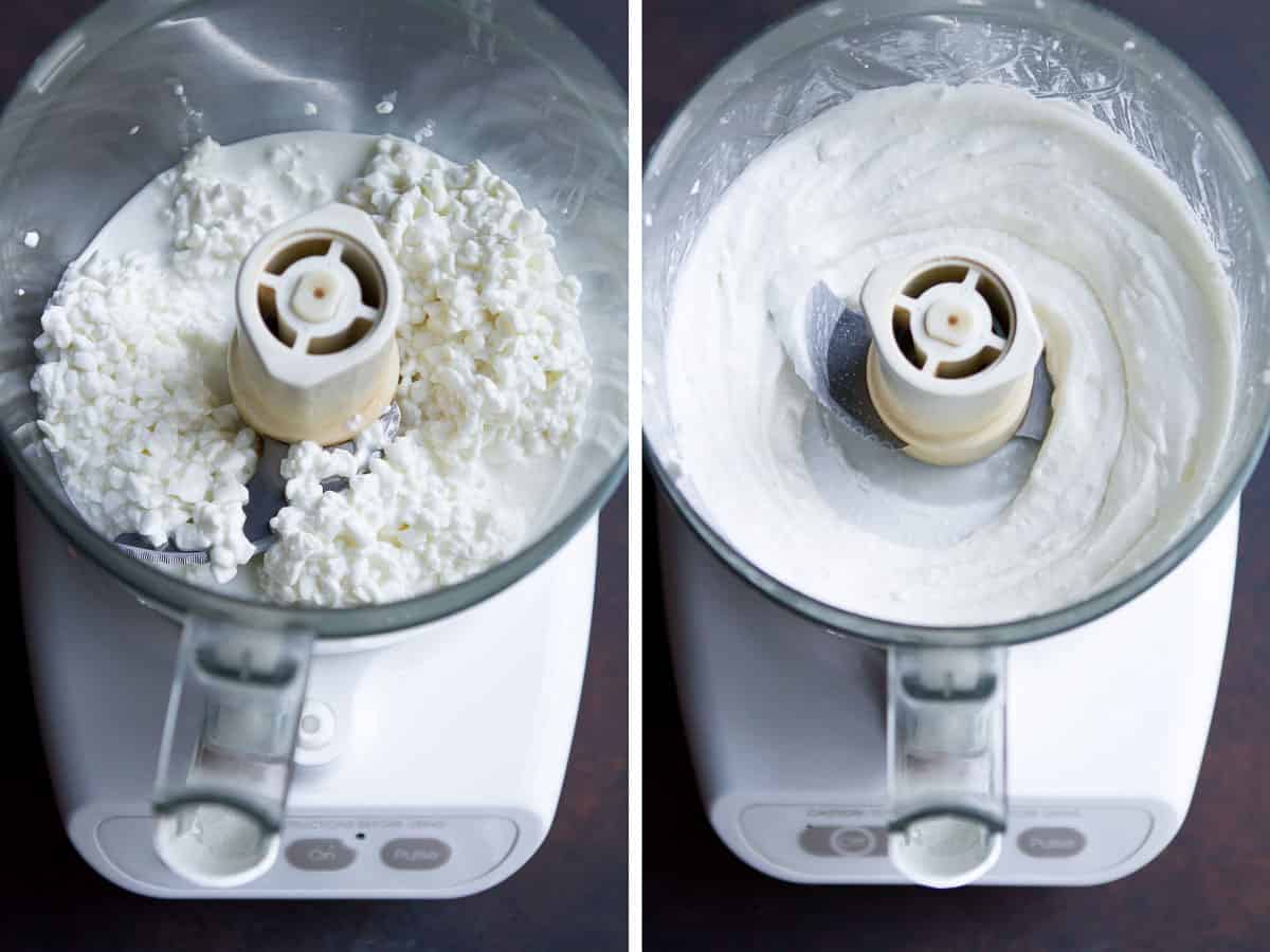 Collage of two photos. Pureeing cottage cheese in a food processor.