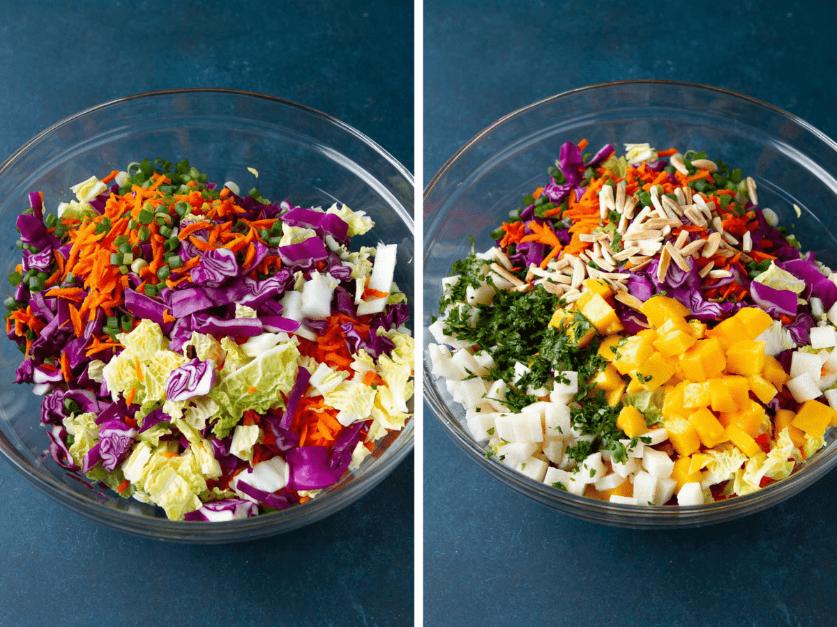 Collage of chopped cabbage, carrots, chickpeas, mango and jicama in a big glass bowl.