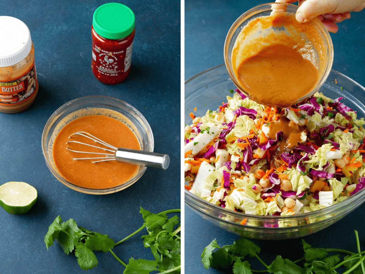 Peanut dressing in a bowl and pouring dressing over slaw.