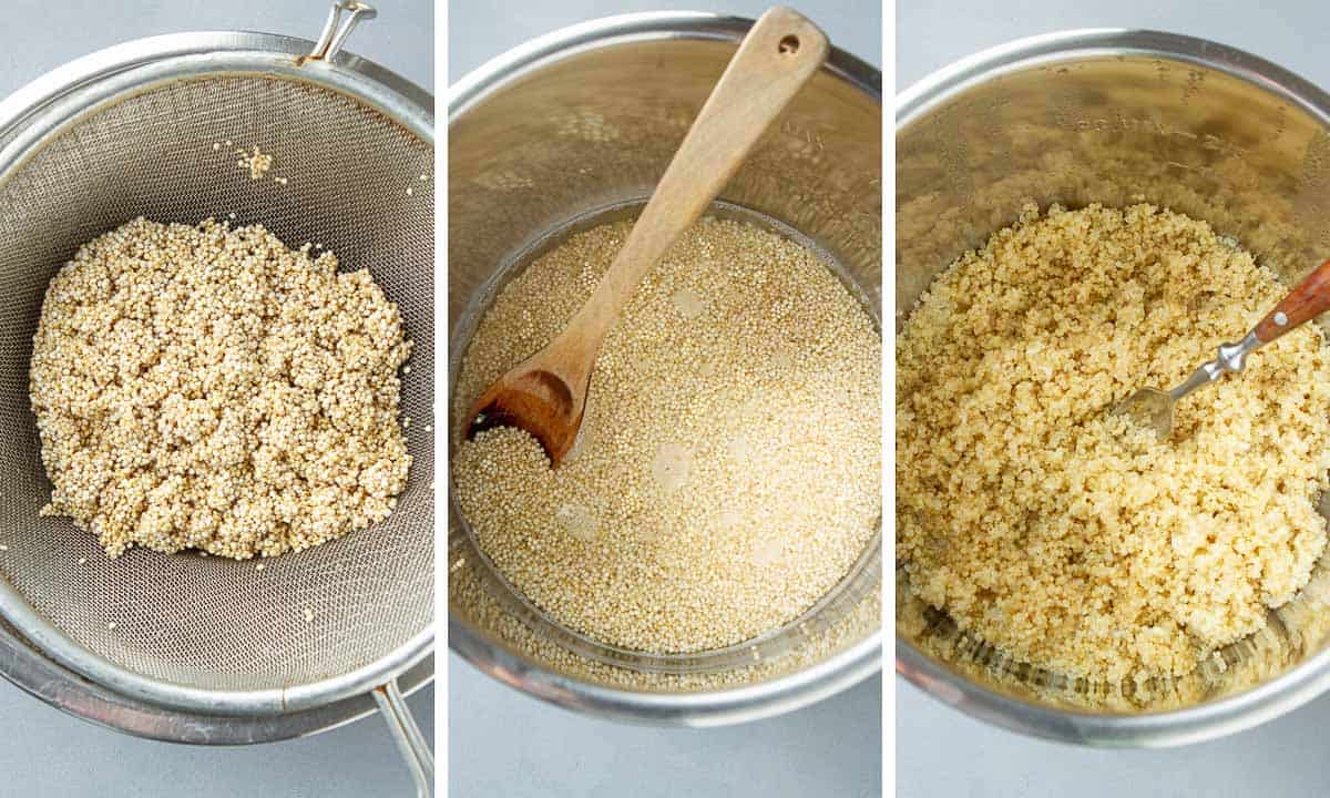 Collage of steps for making quinoa in the Instant Pot.