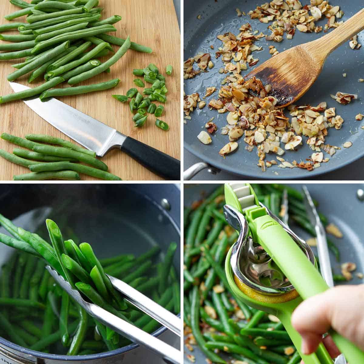 Collage of steps for making green beans almondine.