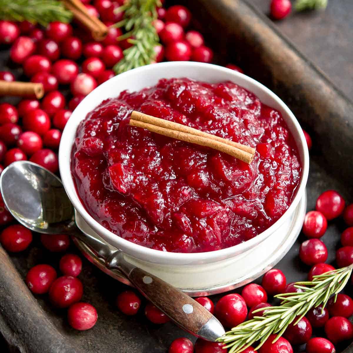 Cranberry sauce in a white bowl on a metal platter with loose fresh cranberries.