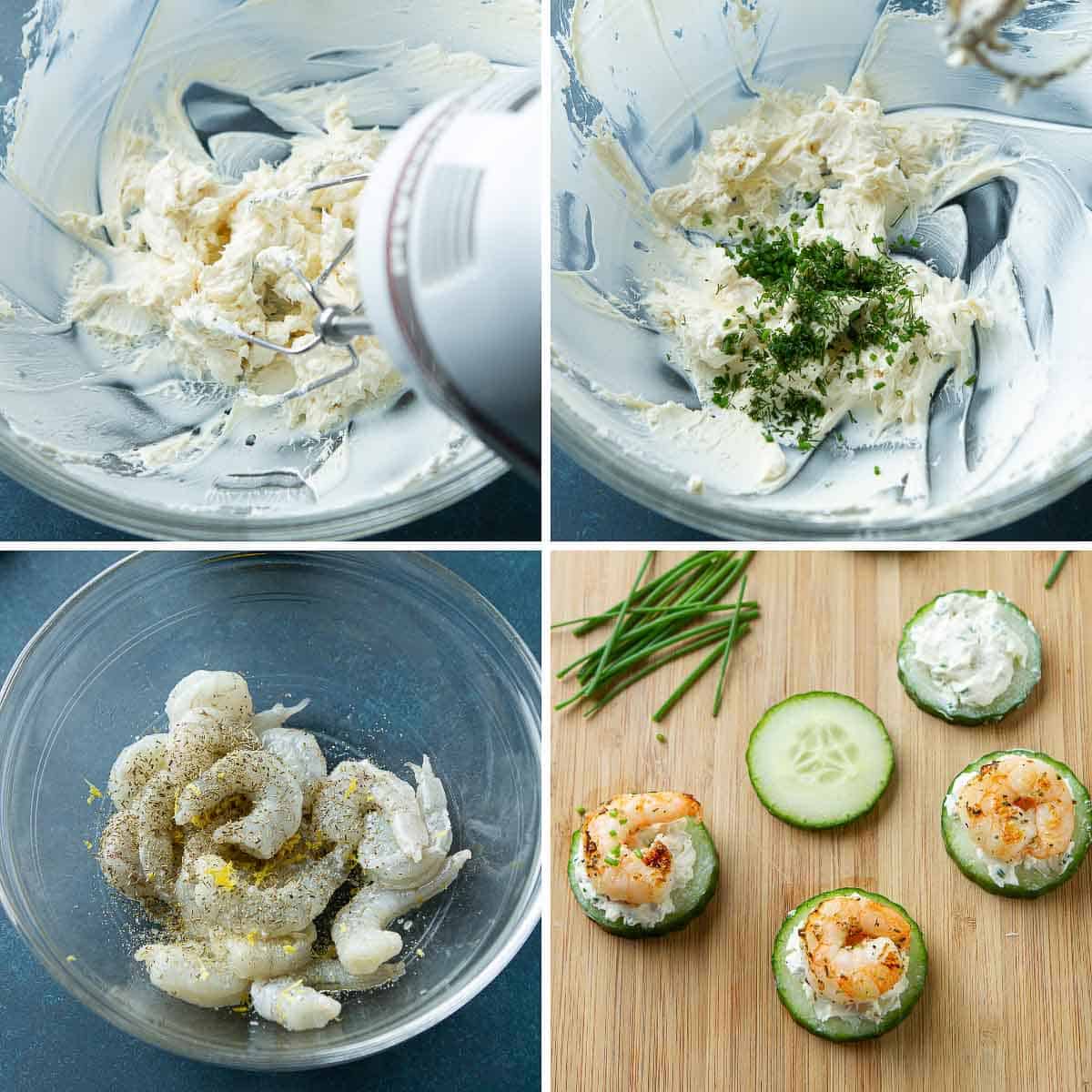 Collage of steps for making cucumber appetizer.  Cream cheese and shrimp each in bowls, appetizers on a wooden board.