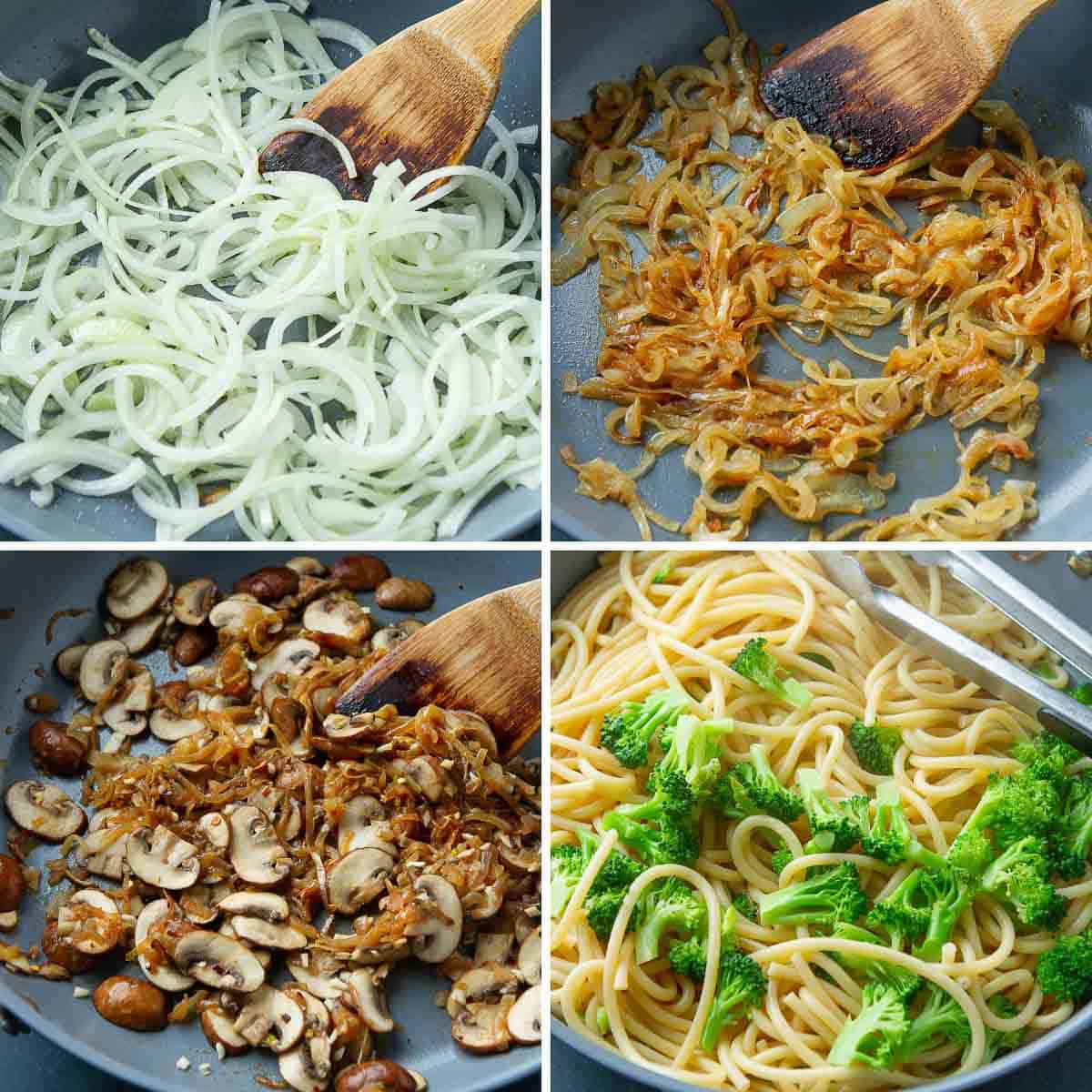 Collage of steps for making mushroom broccoli pasta with caramelized onions.