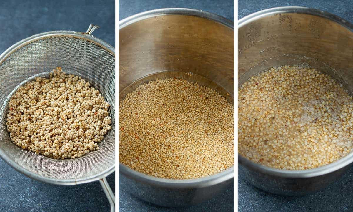 Collage of steps for making sorghum in an Instant Pot.