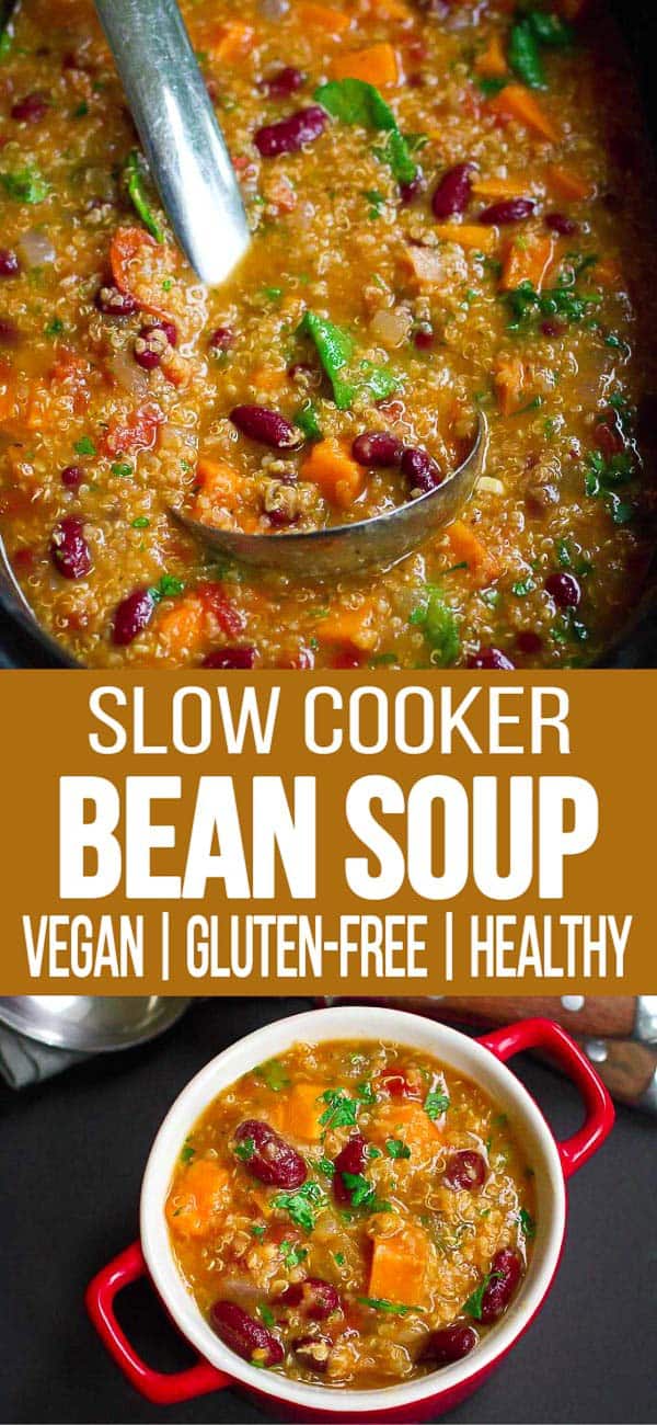 This vegan Slow Cooker Bean Soup with Sweet Potato is such an easy meal. Just throw everything in the crockpot and walk away!  | Crockpot | Vegetarian | Plant Based | Healthy | With canned beans | Clean Eating | Gut Health 