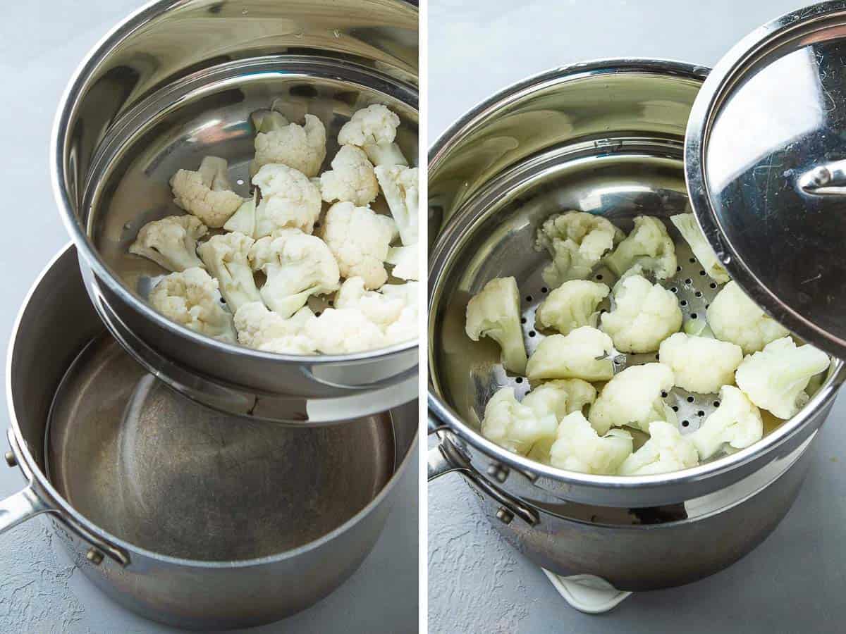 A collage of raw and cooked cauliflower in a steamer.