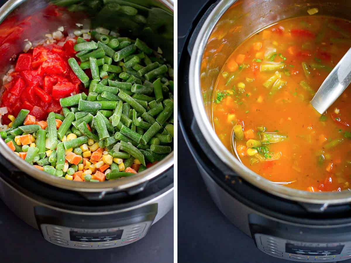 Collage of Instant Pot filled with vegetables and vegetable soup.