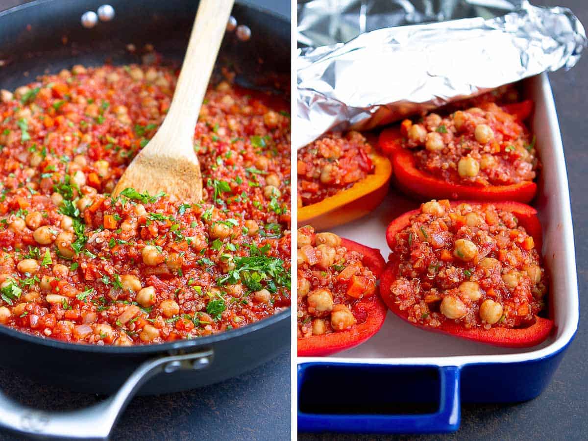 Collage of chickpeas and tomato sauce in a saucepan, and stuffed peppers in a baking dish.