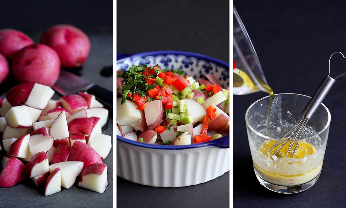 Photos of steps for making potato salad with red potatoes.