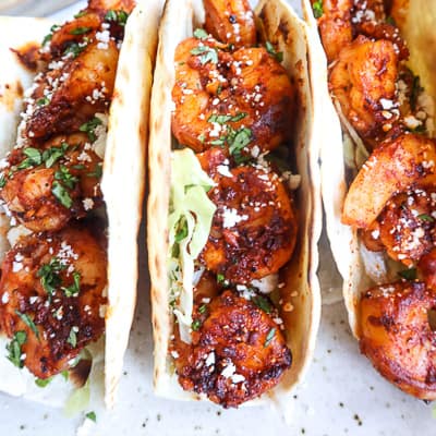 Tacos filled with spice rubbed shrimp.