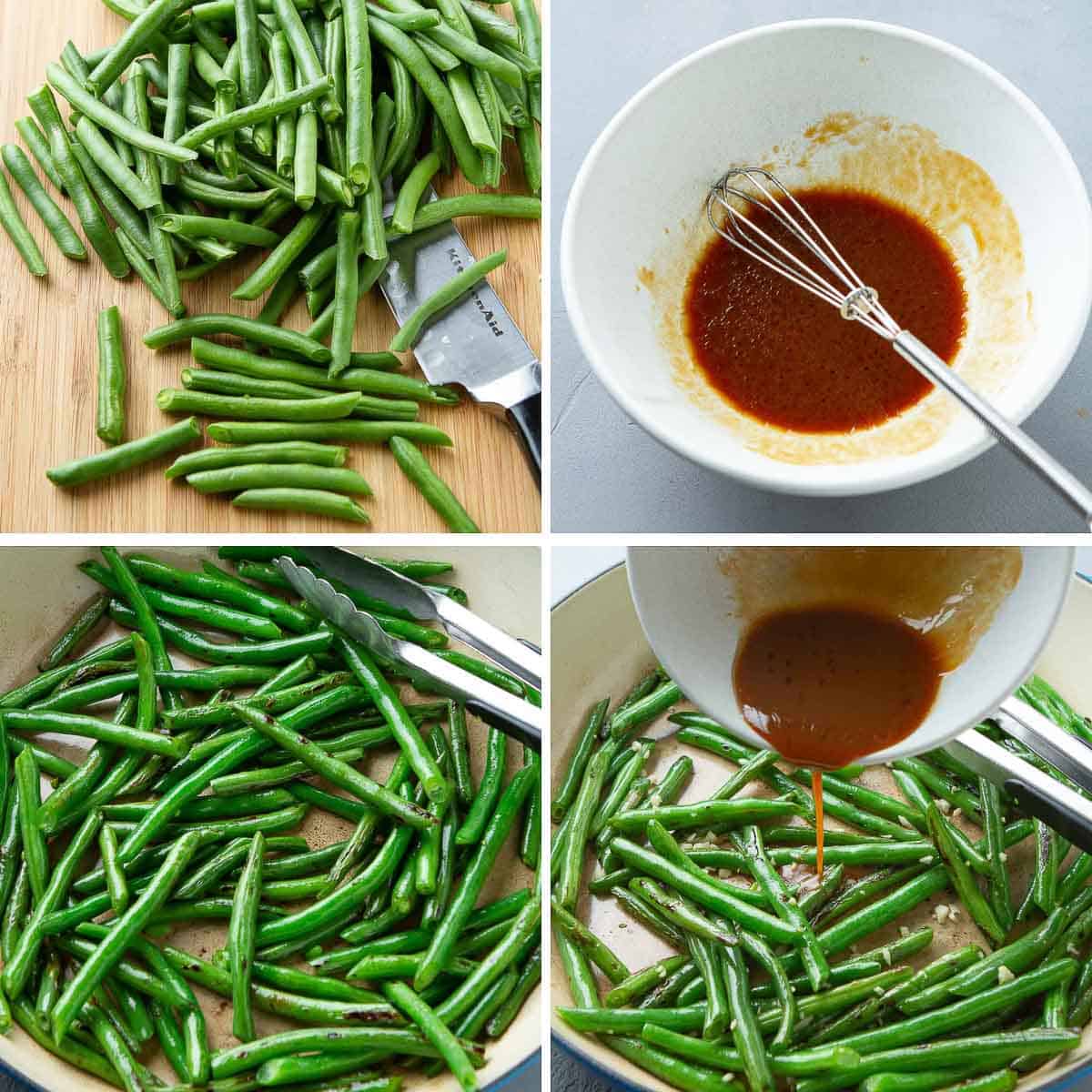 Steps for making stir-fried miso green beans. On a cutting board and in a skillet.