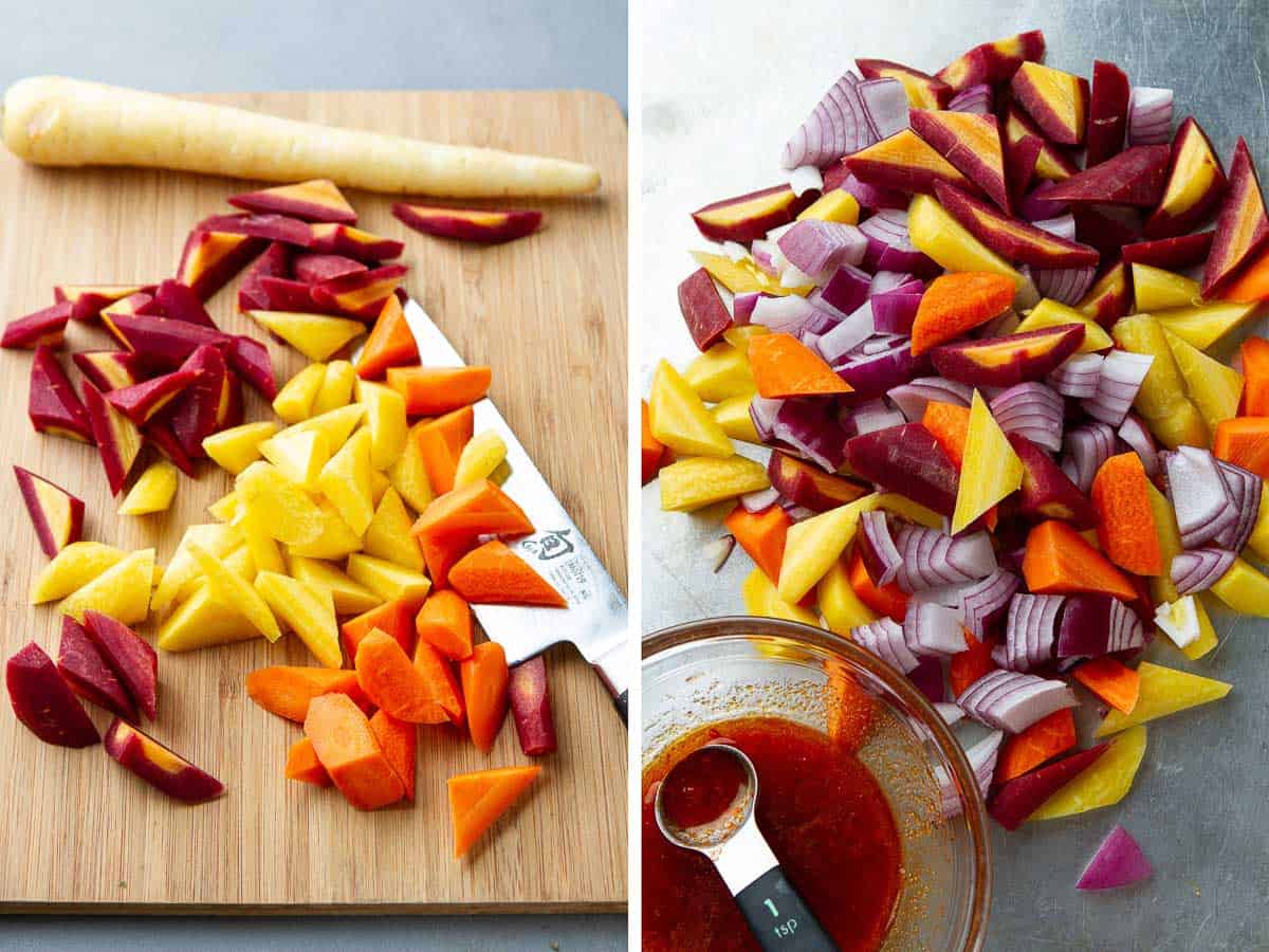 Collage of multi-colored carrots and onions on a cutting board and baking sheet.