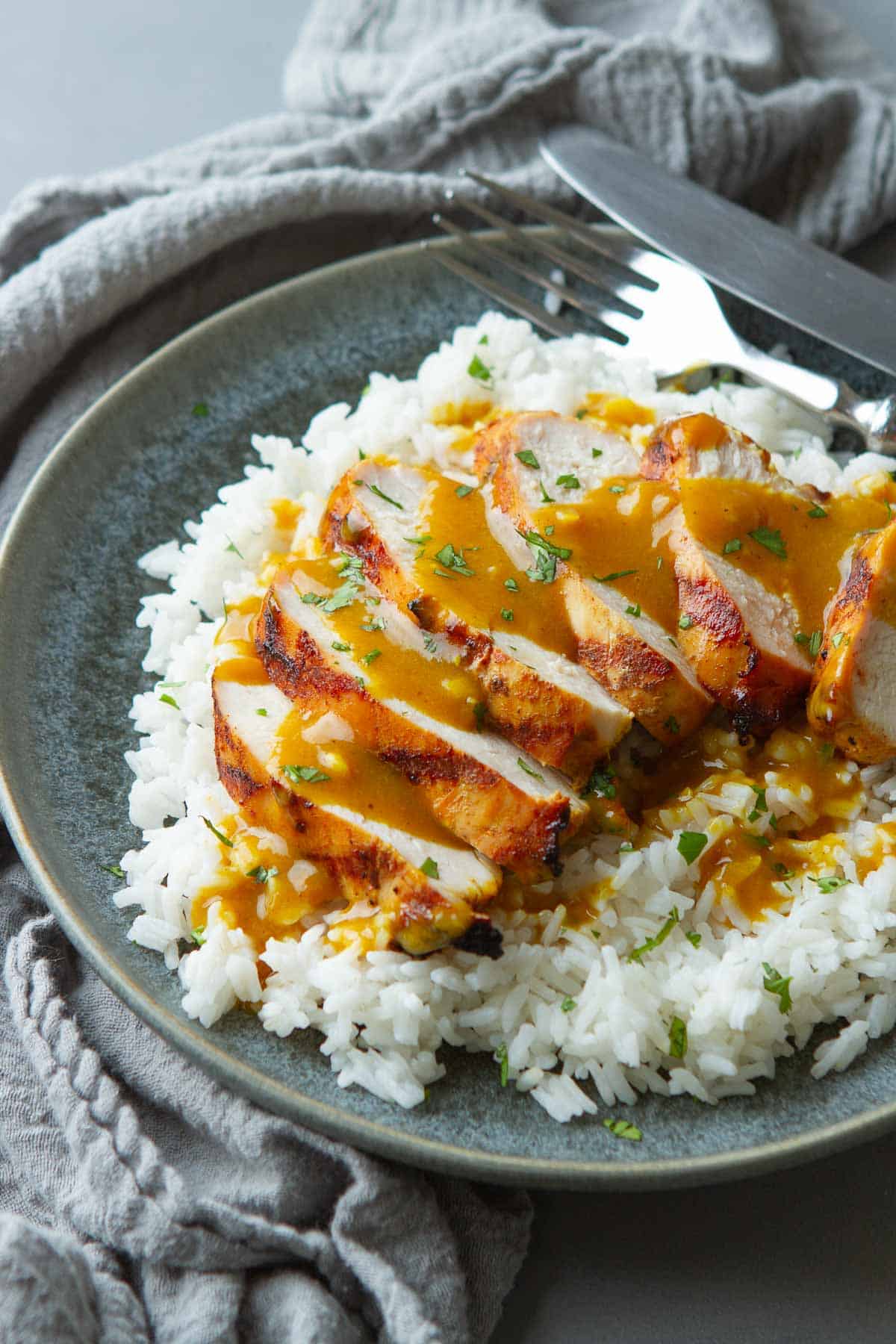 Slices of grilled chicken, topped with a curry sauce, on rice.