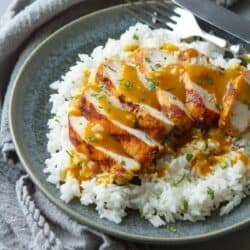 Slices of chicken on a bed of rice, drizzled with a curry sauce.