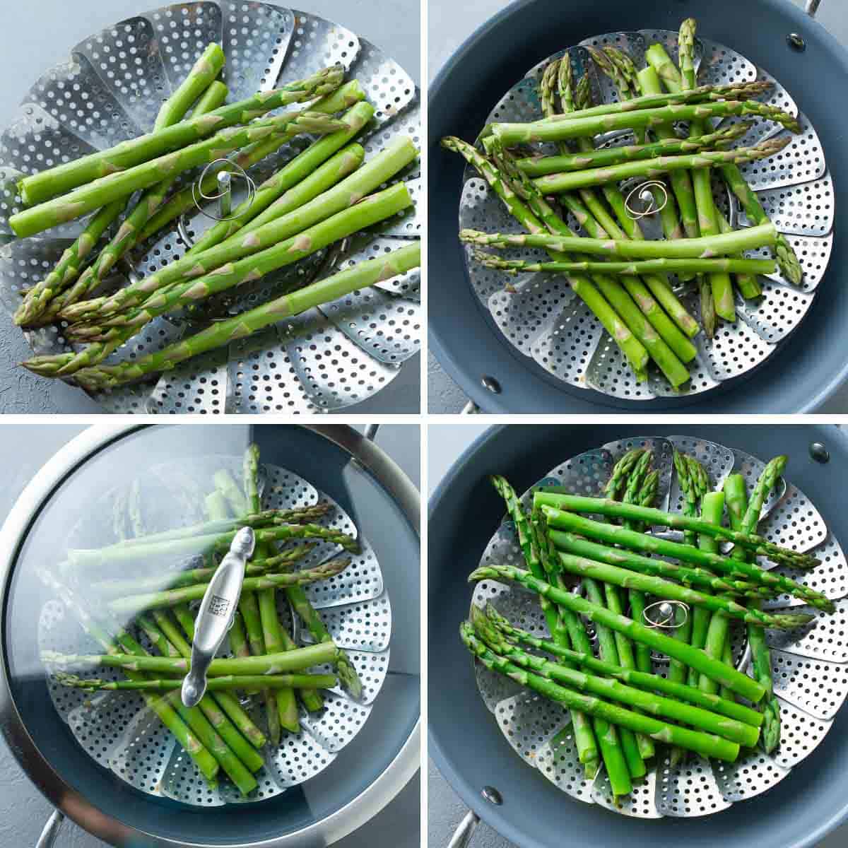 Collage of asparagus in a steamer basket set in a skillet.