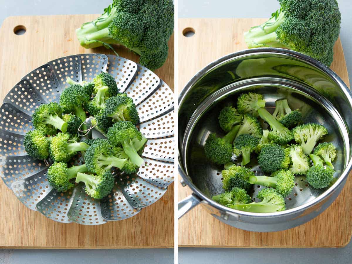 Broccoli in two types of steamer baskets.