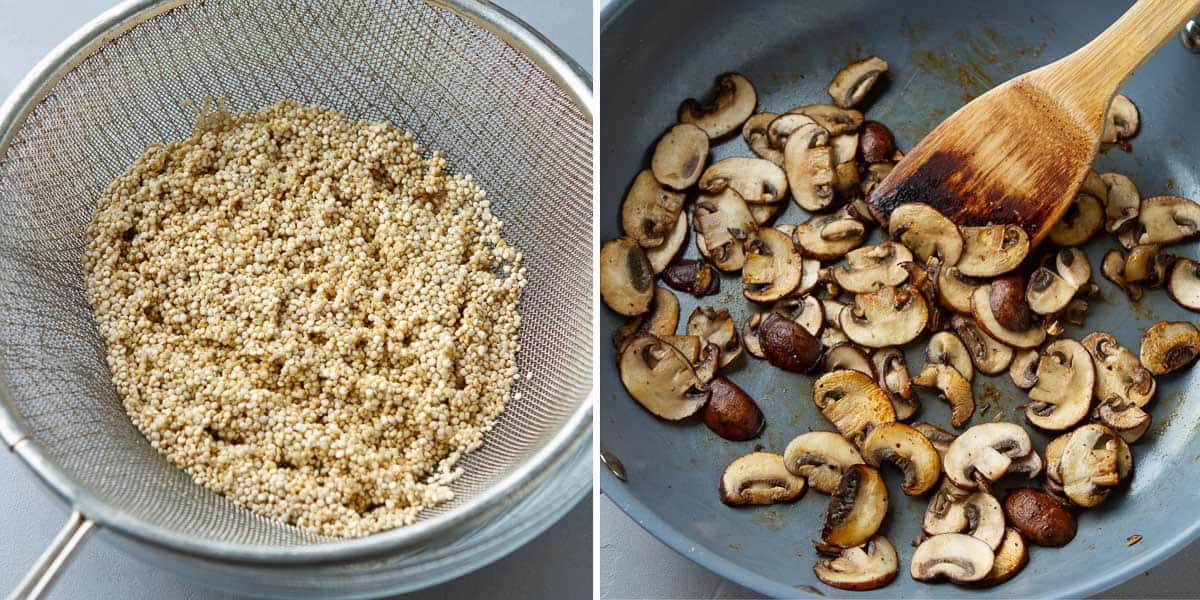 Collage of quinoa in a sieve and mushrooms in a skillet.