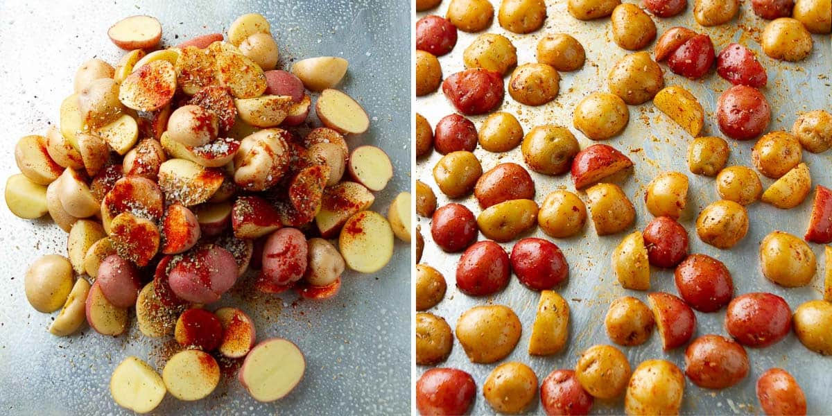 Collage of uncooked paprika potatoes on a baking sheet.