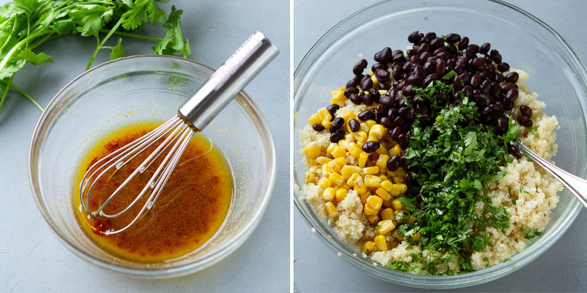Collage of a dressing in a glass bowl and another glass bowl filled with quinoa, black beans and corn.