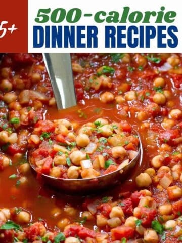 Chickpea stew in a crockpot, with a title.