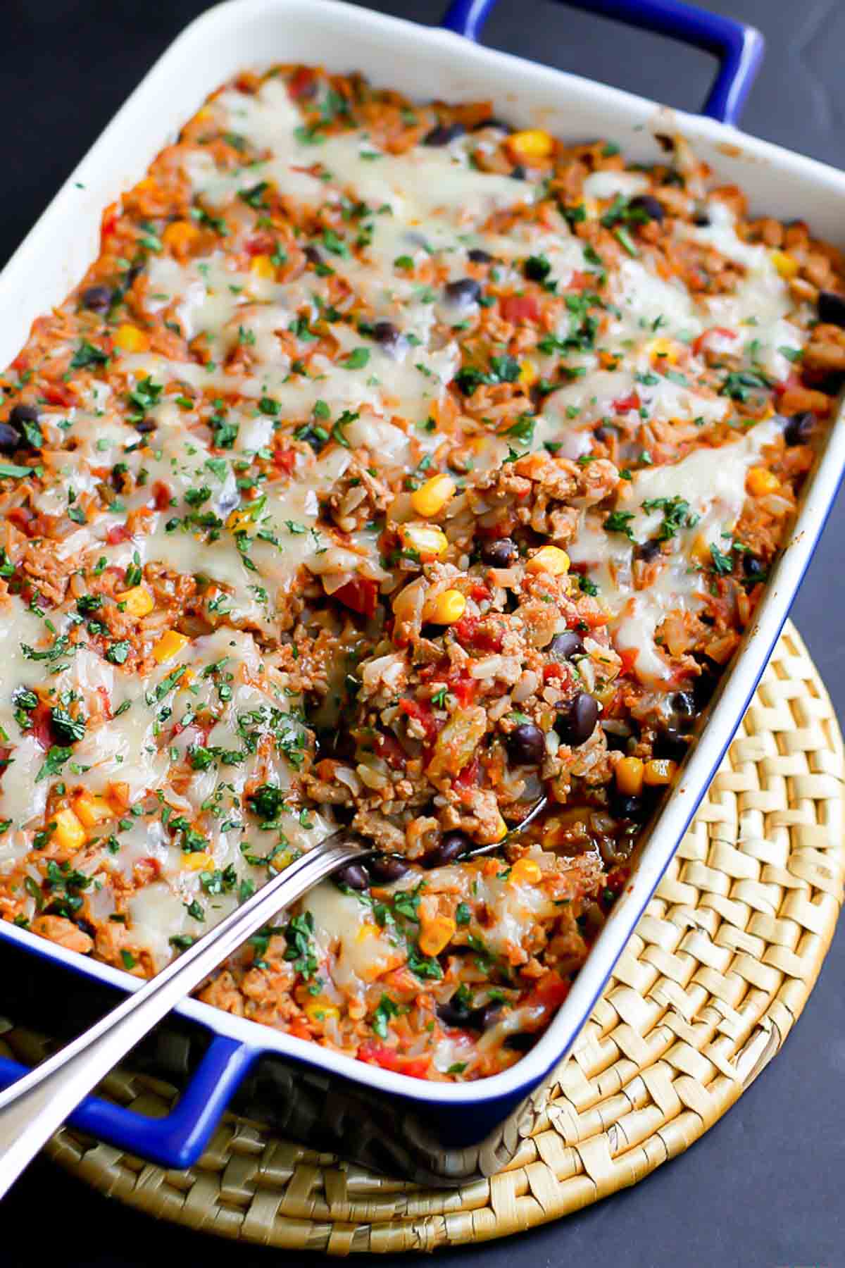 This southwestern turkey casserole recipe is a fantastic mix of spices, rice, vegetables and lean protein. It all comes together in about 30 minutes for a healthy dinner. 