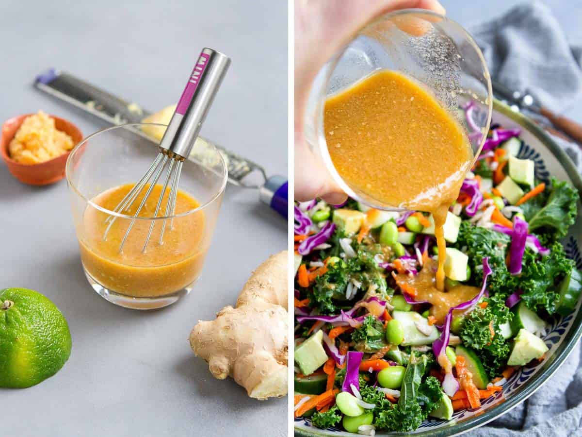 Collage of miso dressing in a glass and pouring dressing on a kale salad.