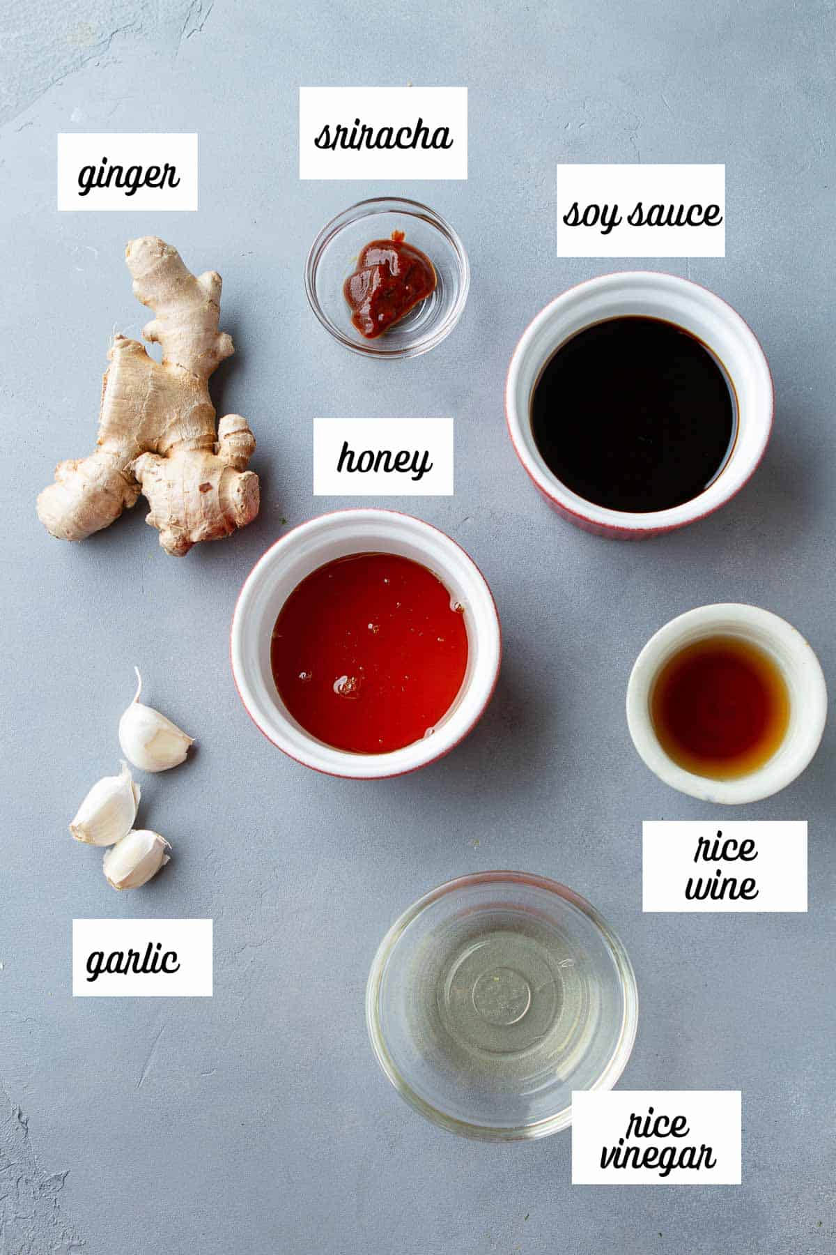 Labeled ingredients for a soy sauce-based chicken marinade.