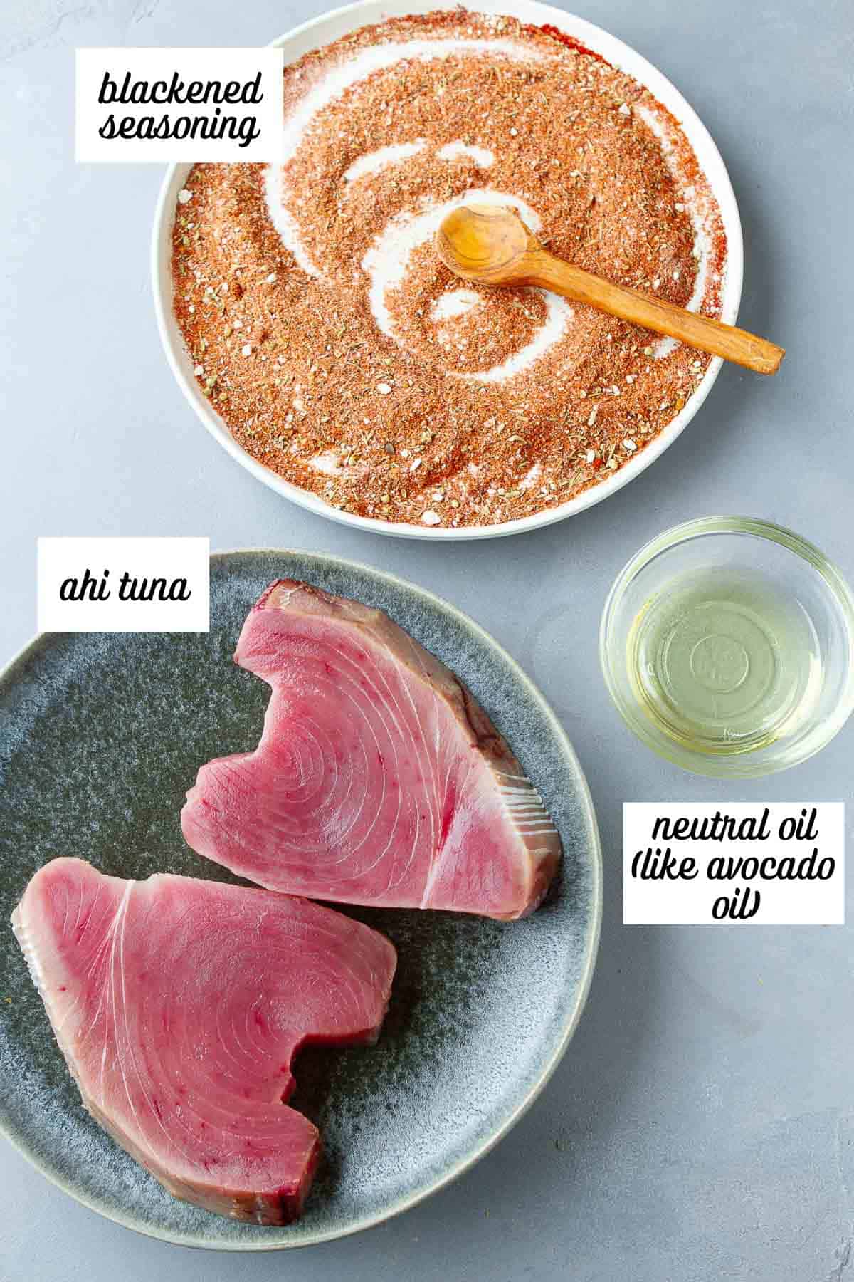 Labeled ingredients for blackened ahi tuna.