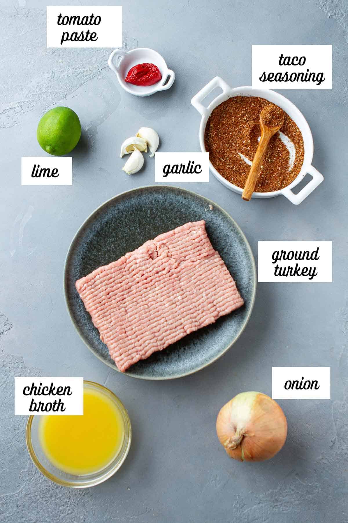Labeled ingredients for ground turkey taco meat.