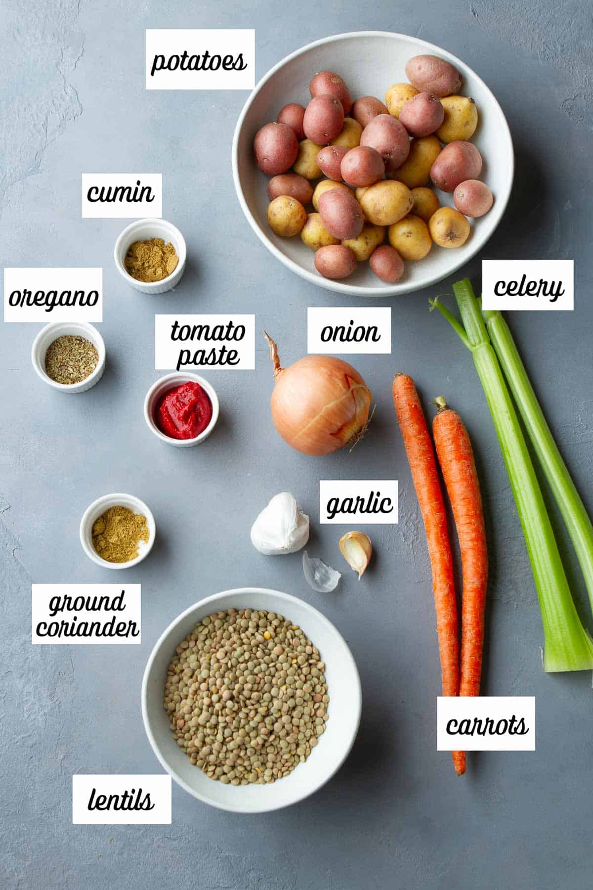 Labeled ingredients for lentil and potato soup.