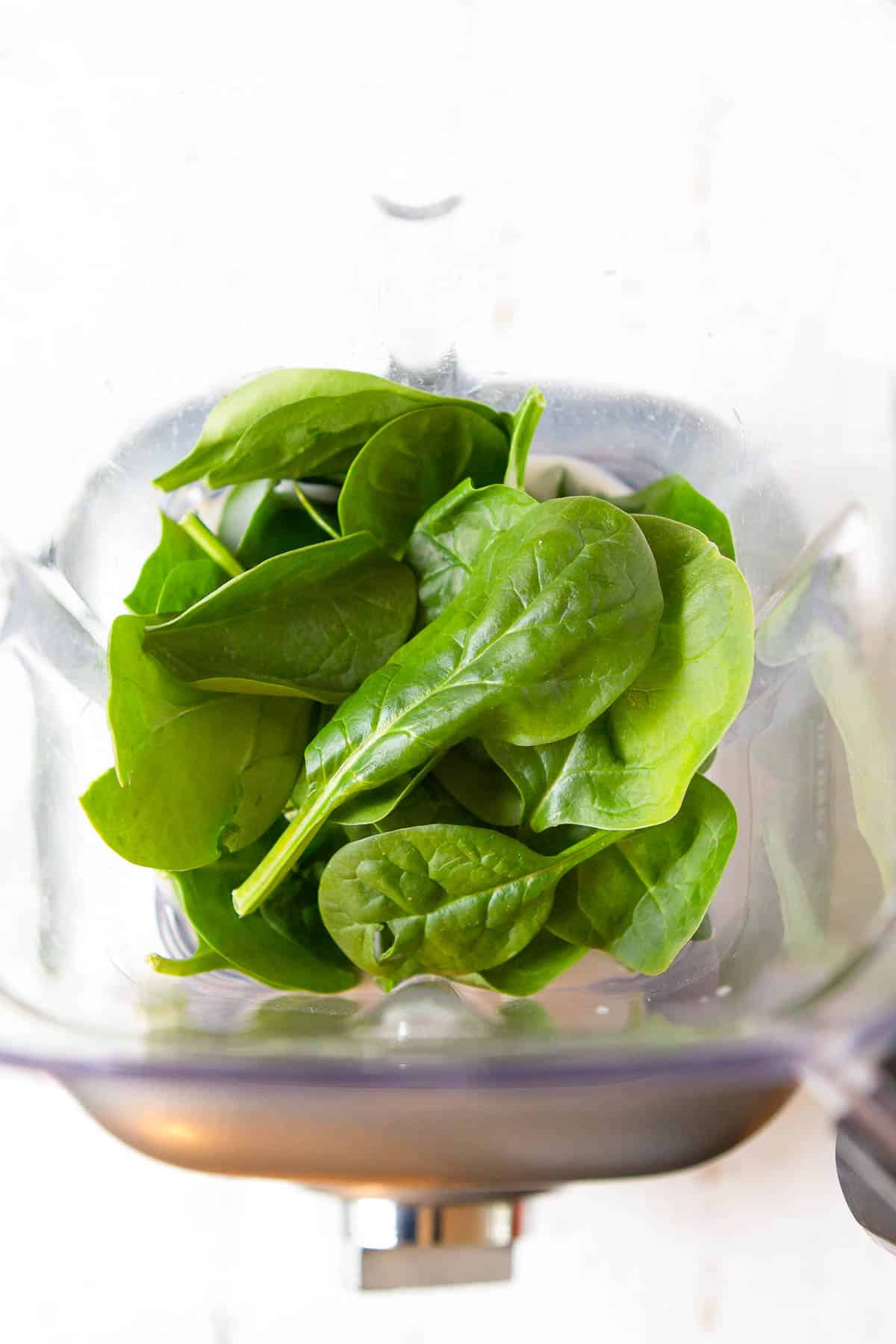 Spinach leaves in a blender.