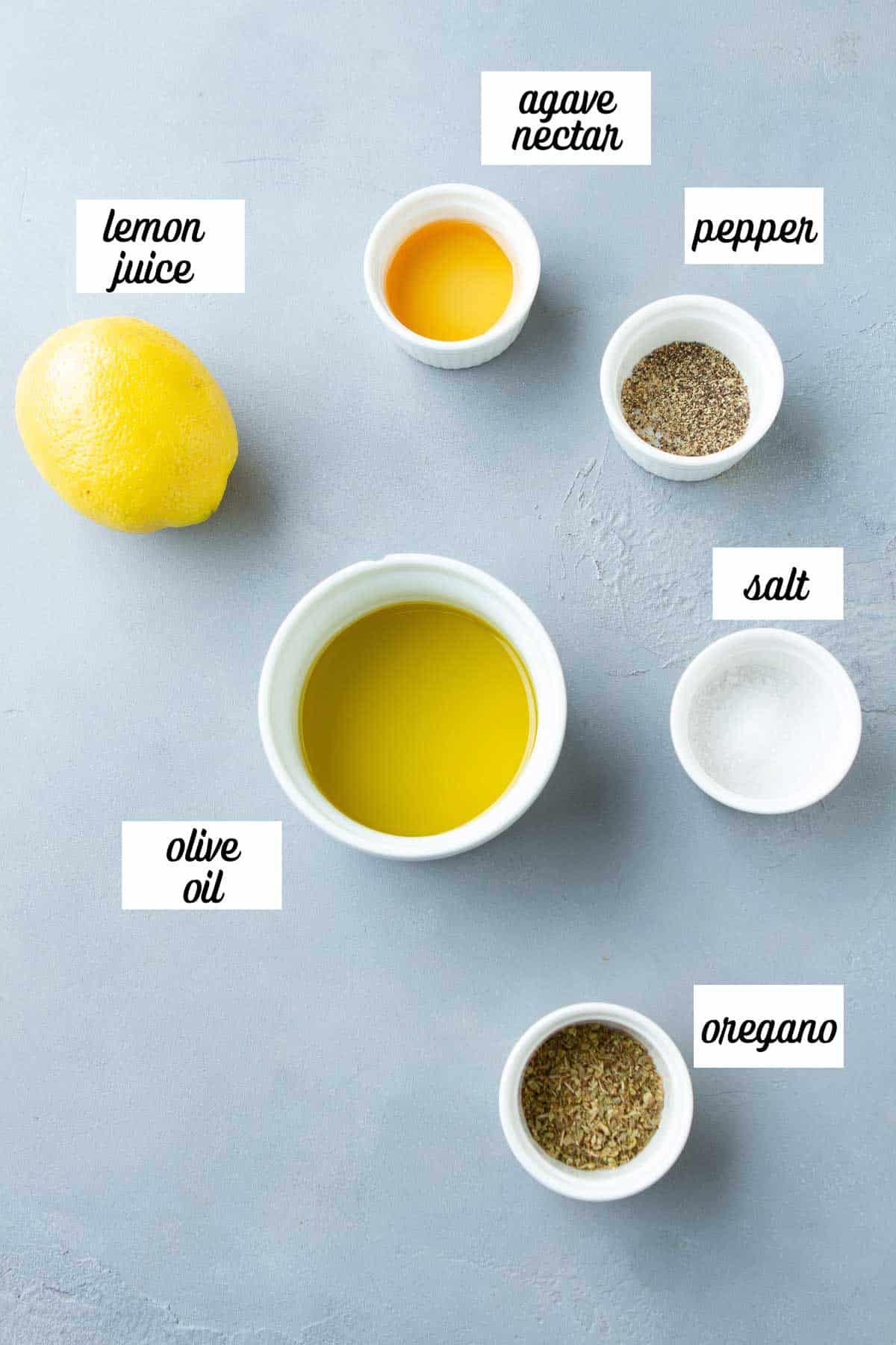 Labeled ingredients for lemon vinaigrette.
