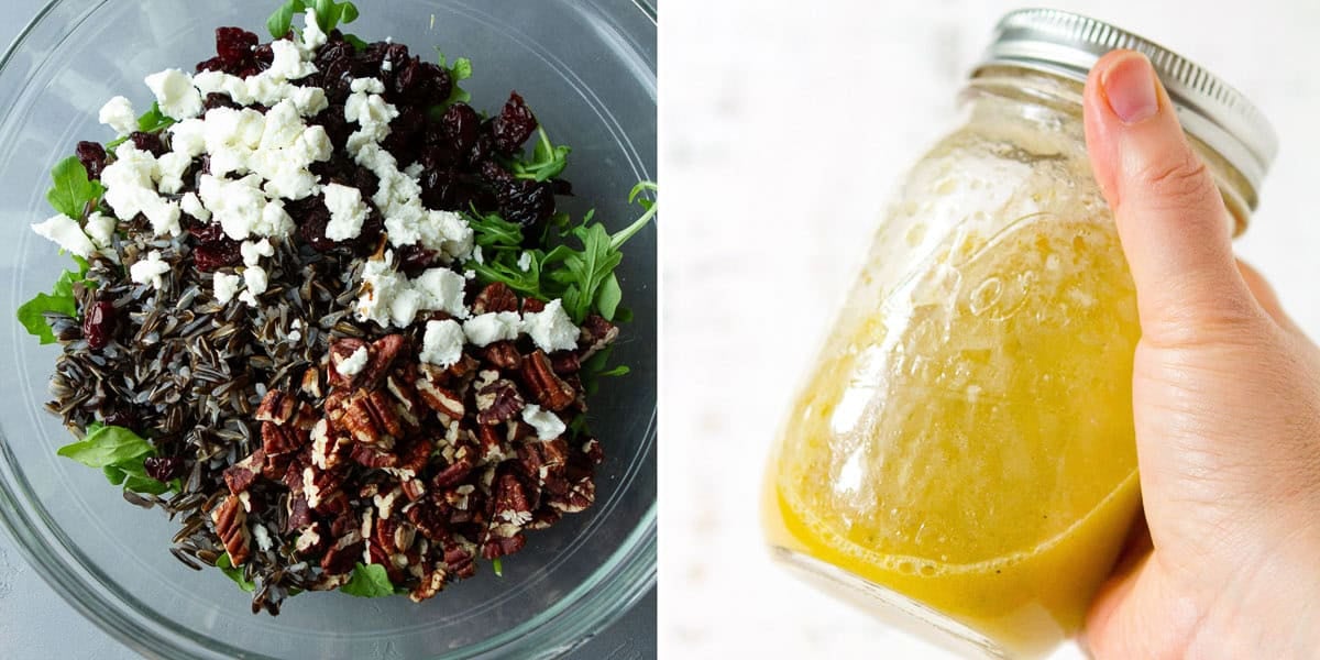 Collage of wild rice salad in a bowl and salad dressing in a jar.