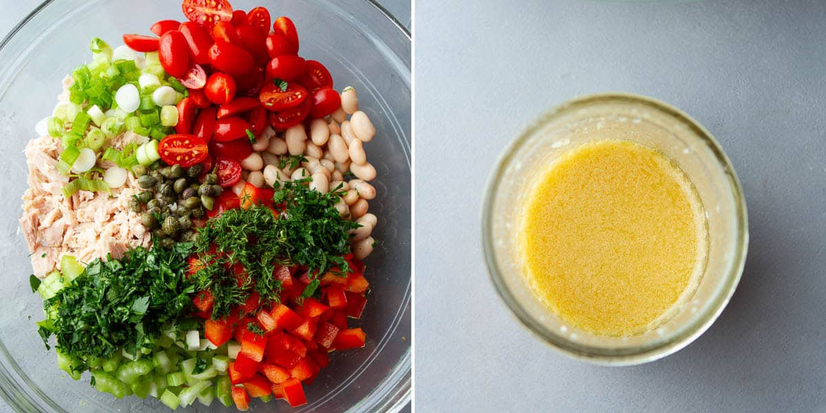 A collage of vegetables, beans and tuna in a bowl, and a container of salad dressing.