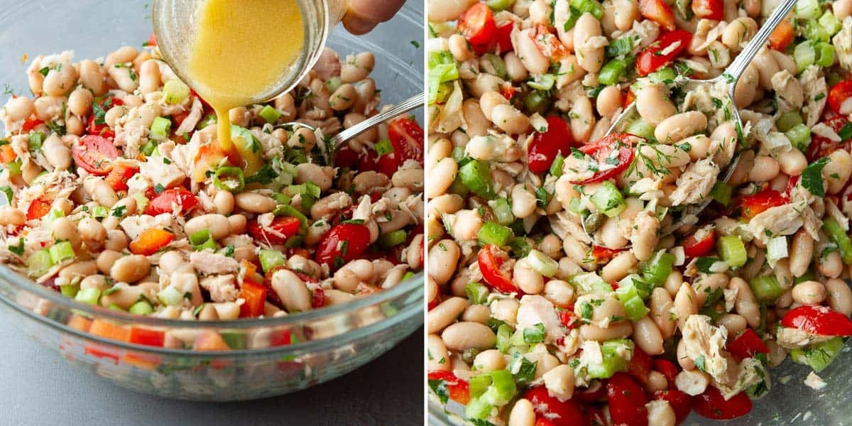 A collage of pouring salad dressing into a white bean tuna salad.