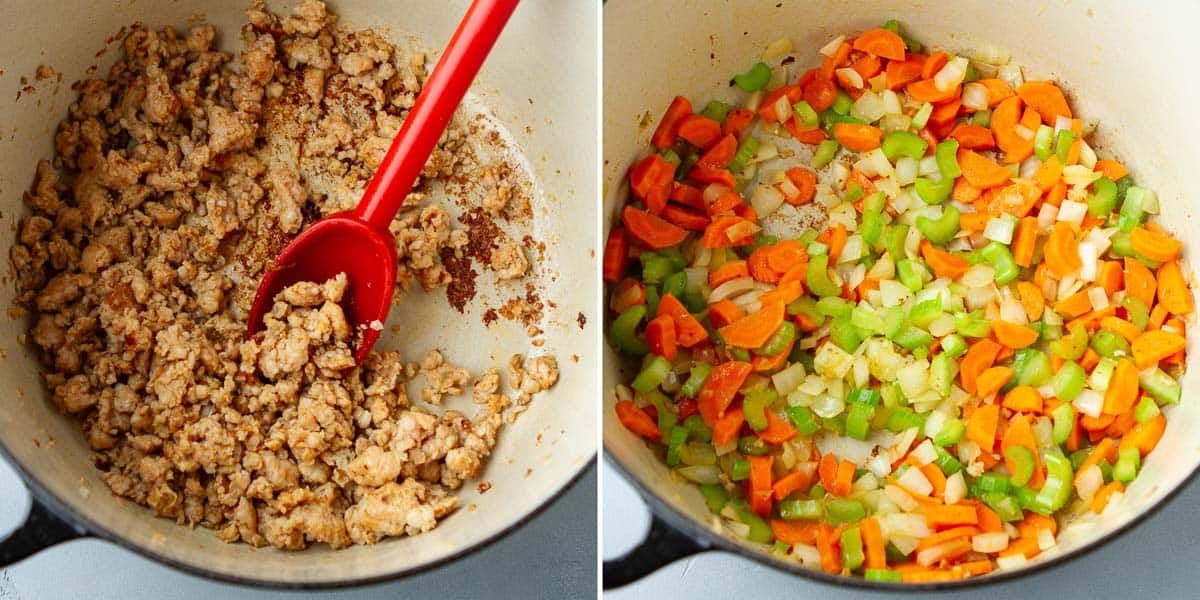 Collage of cooked, crumbled sausage and sautéed vegetables in a saucepan.