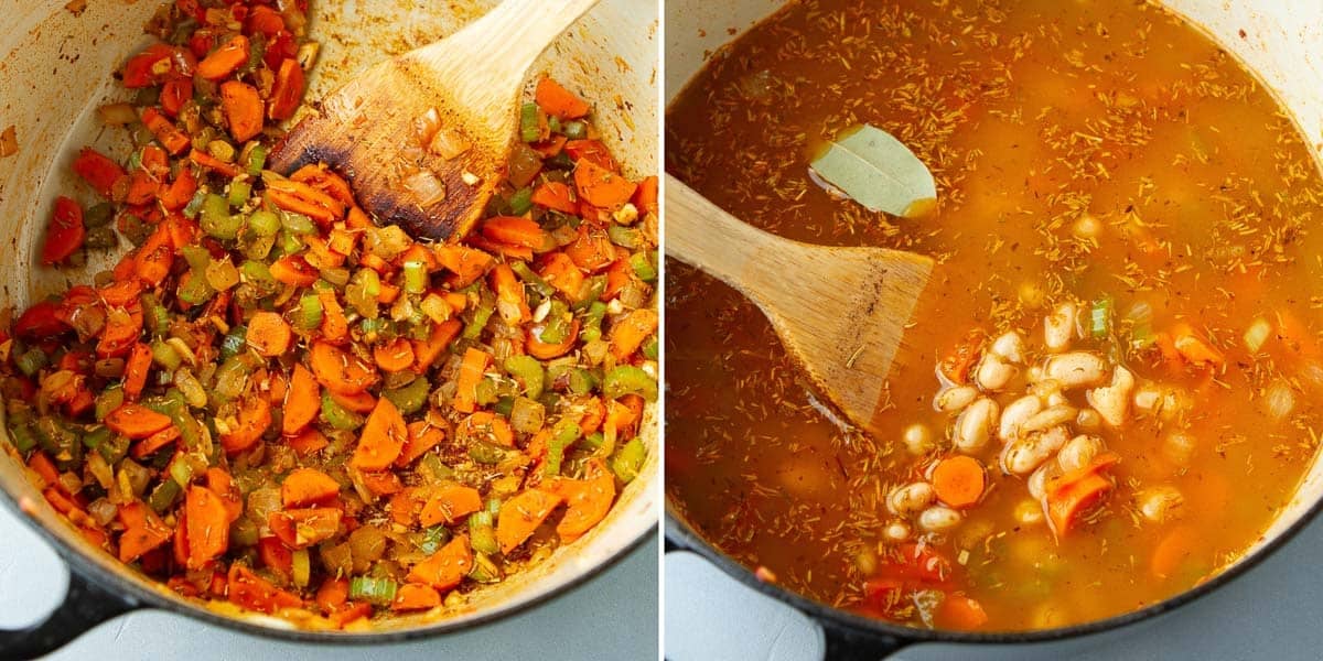 Collage of cooked vegetables and broth with beans in a saucepan.