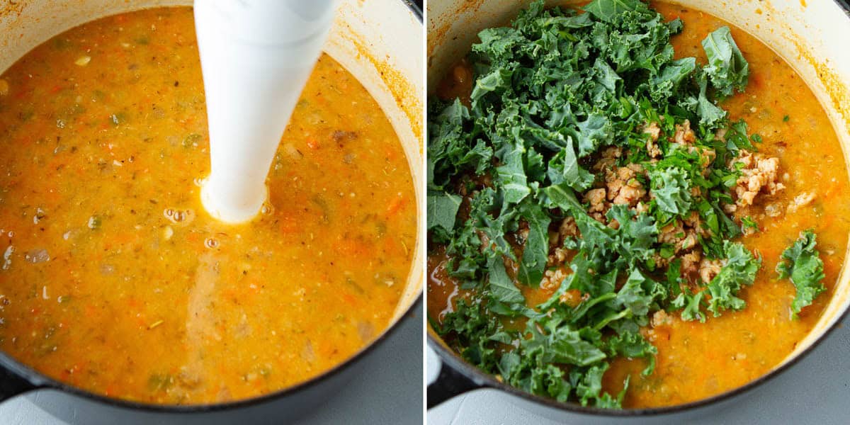 Collage of pureed soup, and kale and sausage being added to the soup.