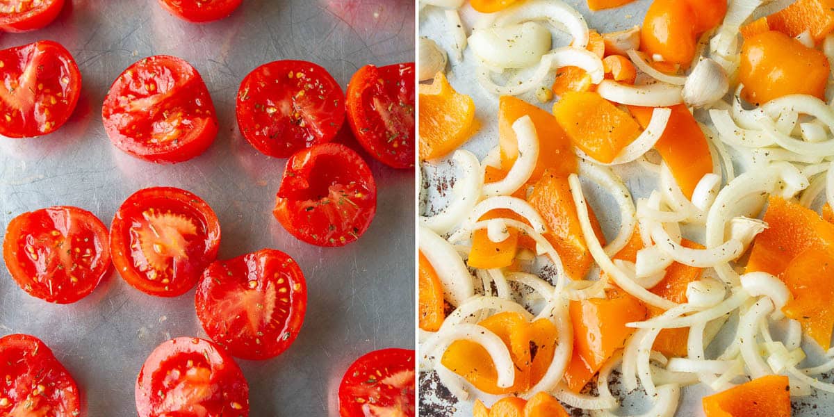 Collage of tomatoes and peppers and onions on baking sheets.