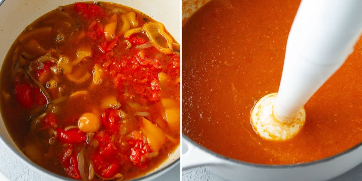 Collage of roasted tomato pepper soup, before and after pureeing.