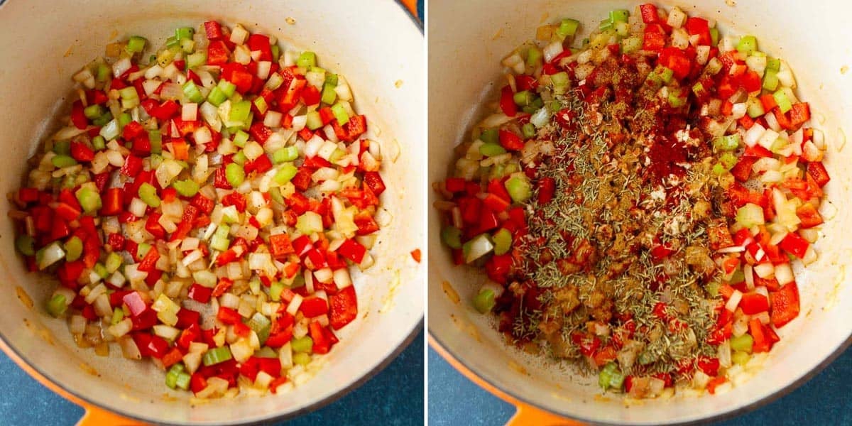 Collage of chopped vegetables and spices being sautéed in a saucepan.