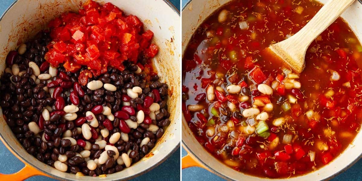 Collage of making a three bean soup in a large saucepan.